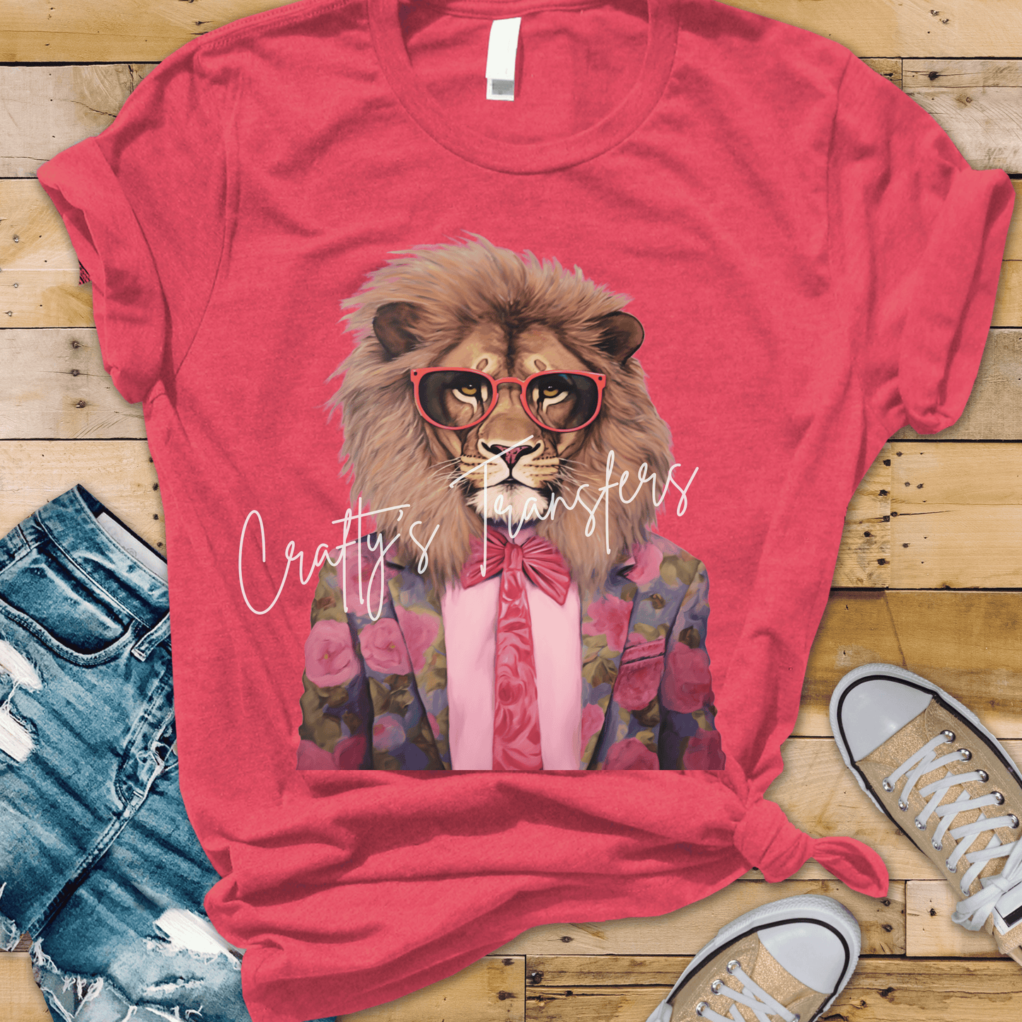 Preppy Floral Lion DTF Transfer | Stylish Lion with Pink Glasses Heat Transfer | Dopamine Graphic Tee | Boutique Animal Shirt Transfer