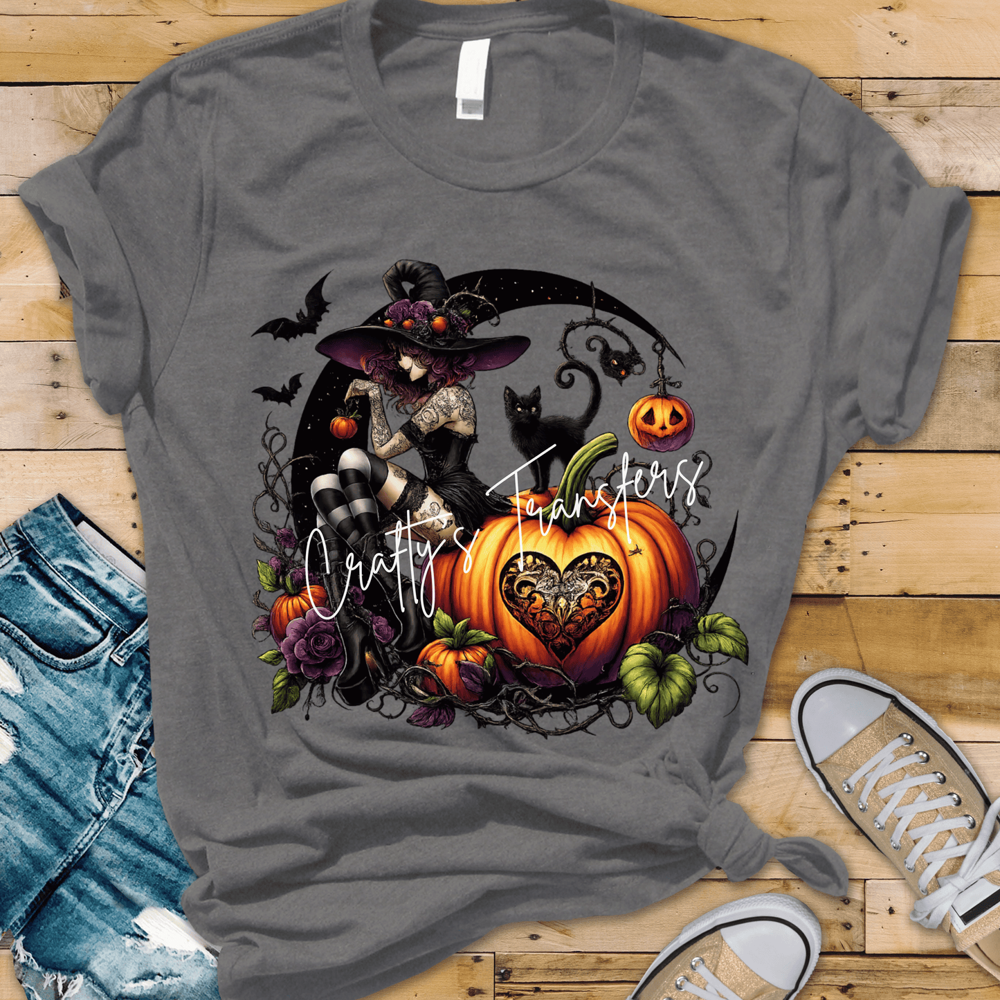Gothic Witch Halloween DTF Transfer | Dark Coquette Witch & Black Cat Pumpkin Graphic | Spooky Goth Halloween Shirt Transfer | Boutique Fall Design