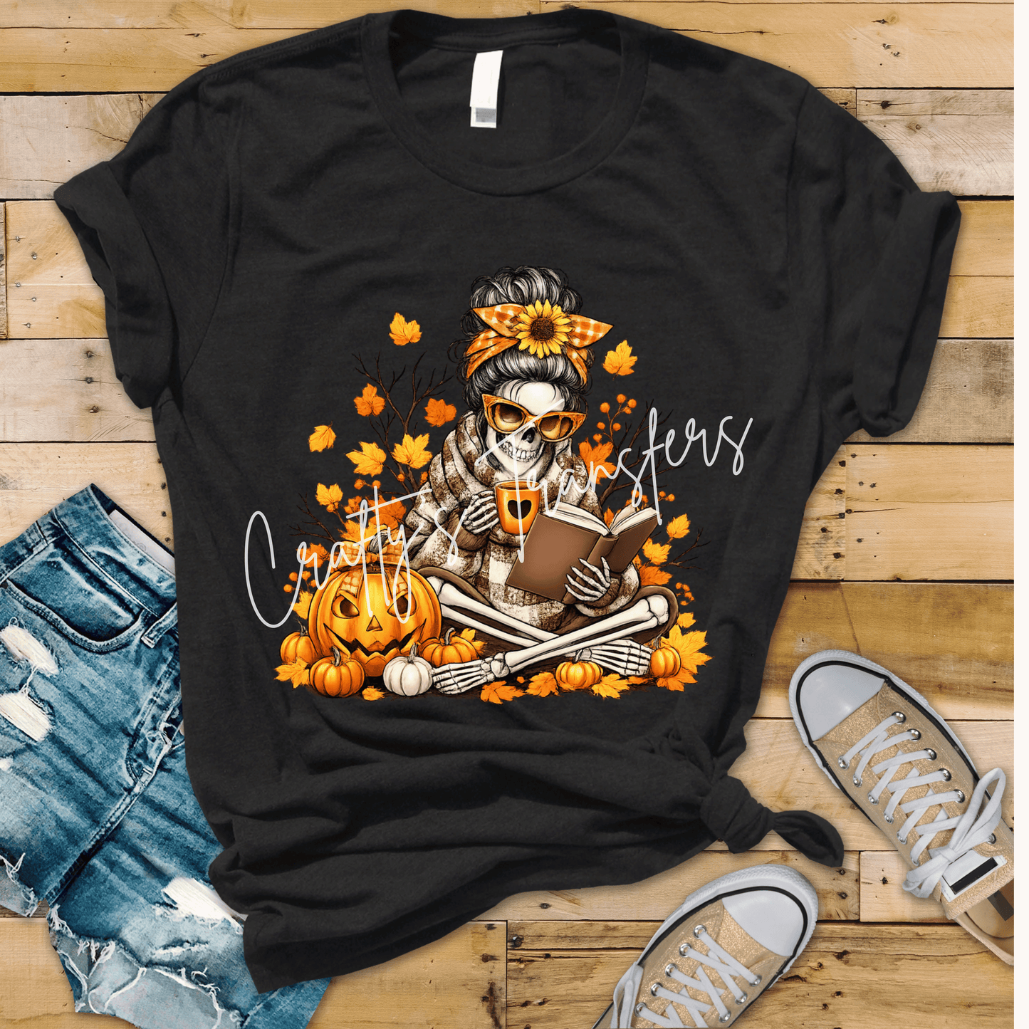 Cozy Fall Skeleton Reading DTF Transfer | Pumpkin Book Lover Halloween Heat Transfer | Spooky Autumn Coffee Graphic | Cute Skeleton Shirt Transfer