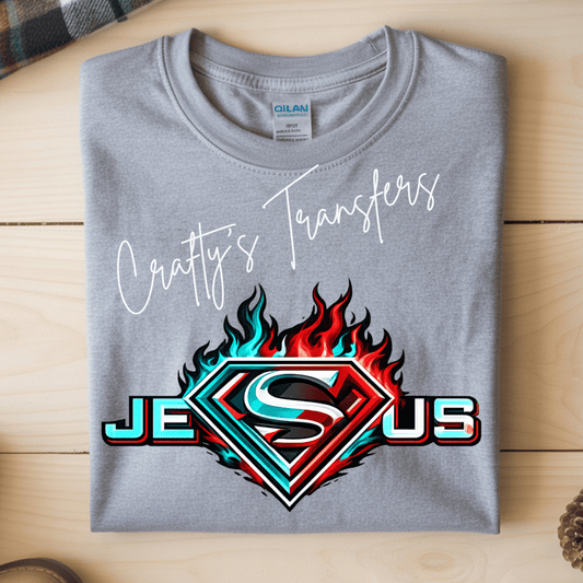 Jesus Flame DTF Transfer | Faith-Based Christian Graphic Transfer | Bold Jesus Typography Shirt Design