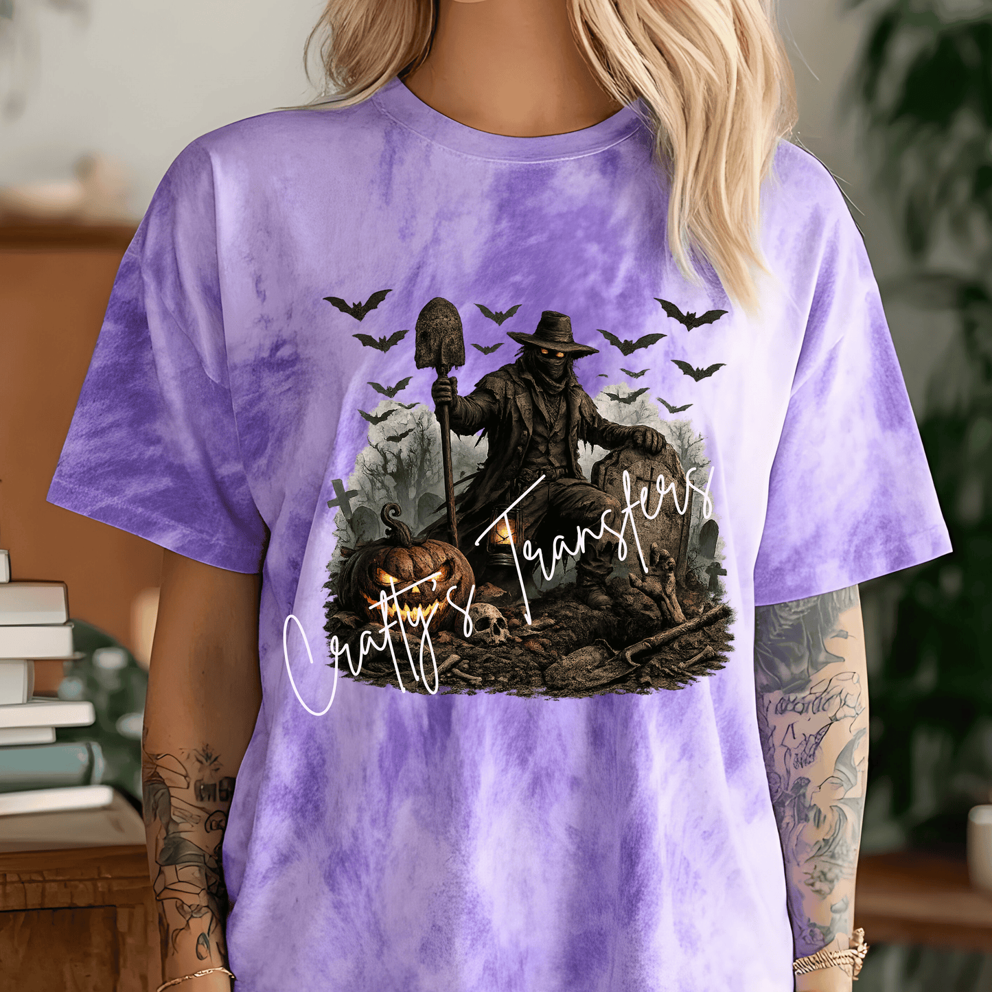 Haunted Grave Digger DTF Transfer | Creepy Scarecrow Halloween Heat Transfer | Jack-O'-Lantern Graveyard Graphic | Spooky Horror Shirt Transfer