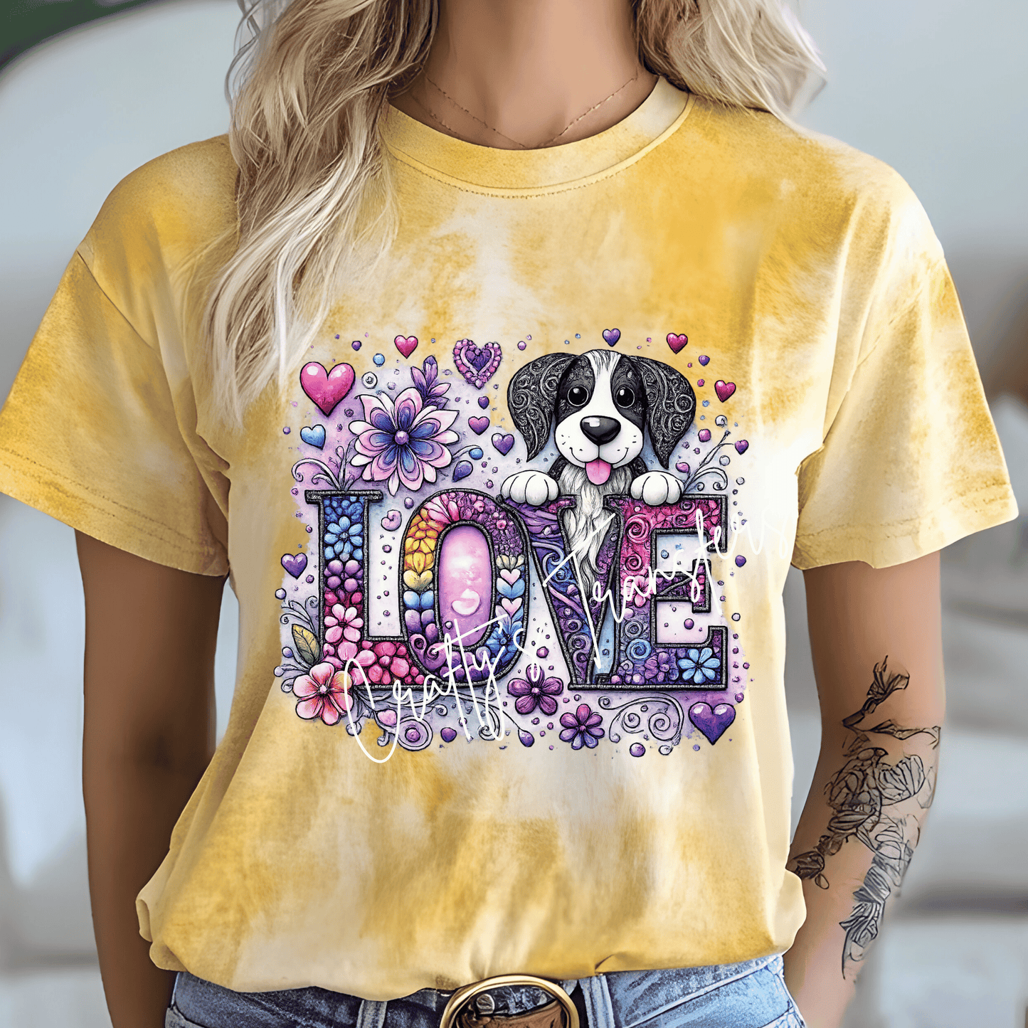 Floral LOVE Dog DTF Transfer | Colorful Puppy Love Heat Transfer | Cute Dog Lover Shirt Design | Rainbow Floral Pet Graphic Transfer