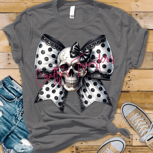 Skull Bow DTF Transfer | Coquette Gothic Skull with Black & White Polka Dot Bow | Halloween Aesthetic Heat Transfer | Spooky Boutique Shirt Design