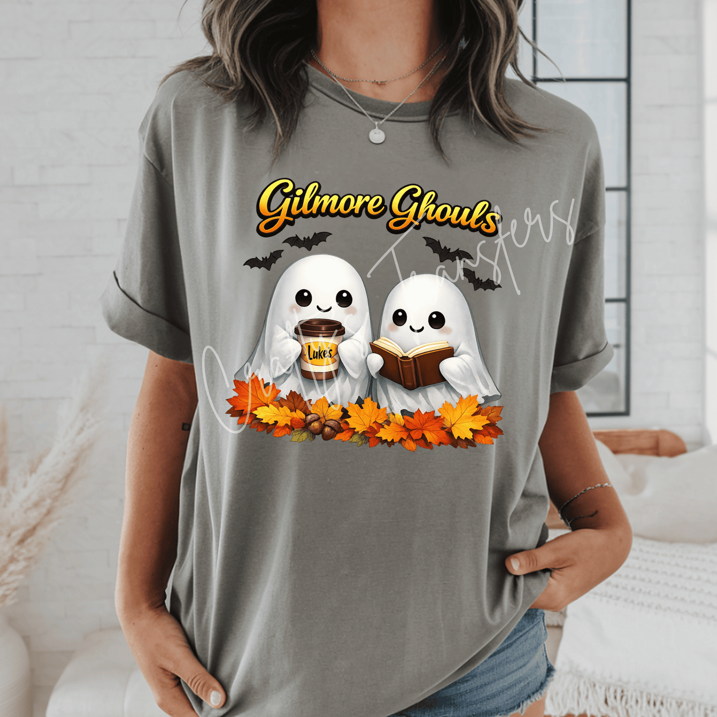 Gilmore Ghouls DTF Transfer | Fall Ghost Coffee & Book Lover Halloween Transfer | Cozy Autumn Reader Shirt Design