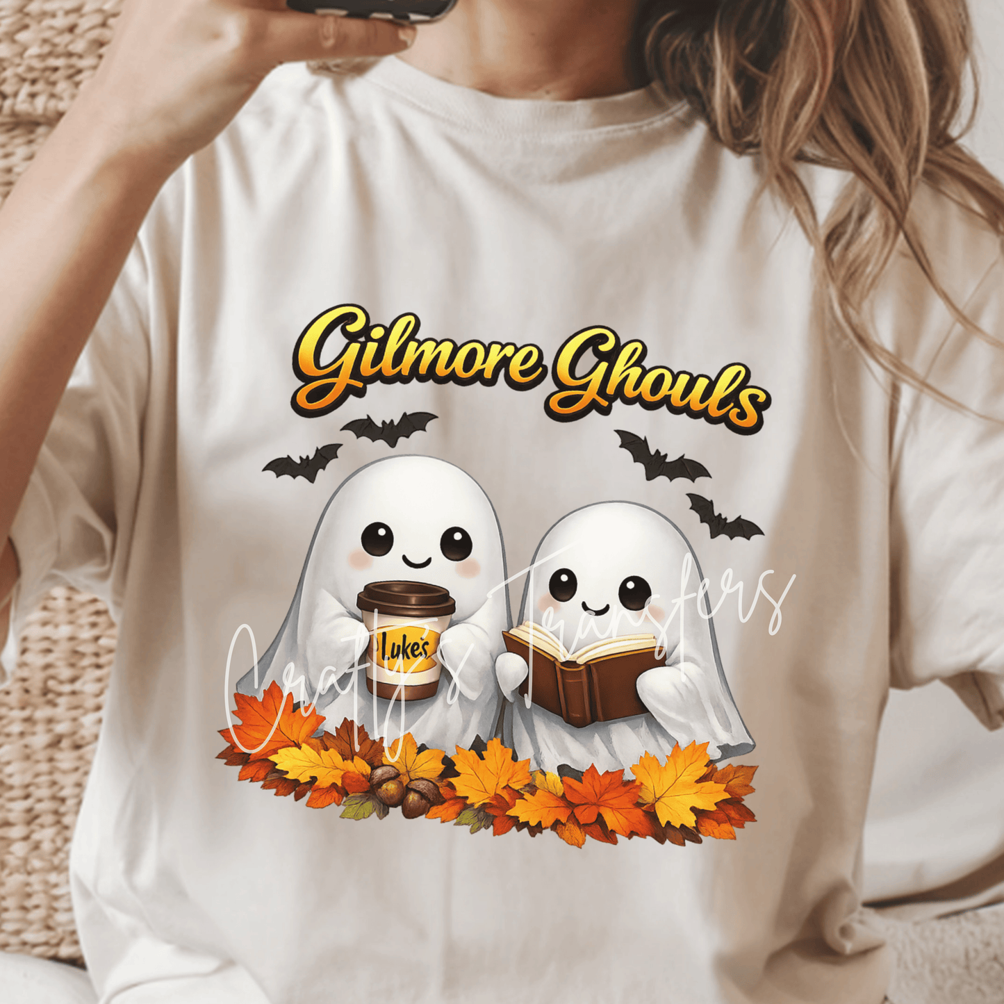 Gilmore Ghouls DTF Transfer | Fall Ghost Coffee & Book Lover Halloween Transfer | Cozy Autumn Reader Shirt Design