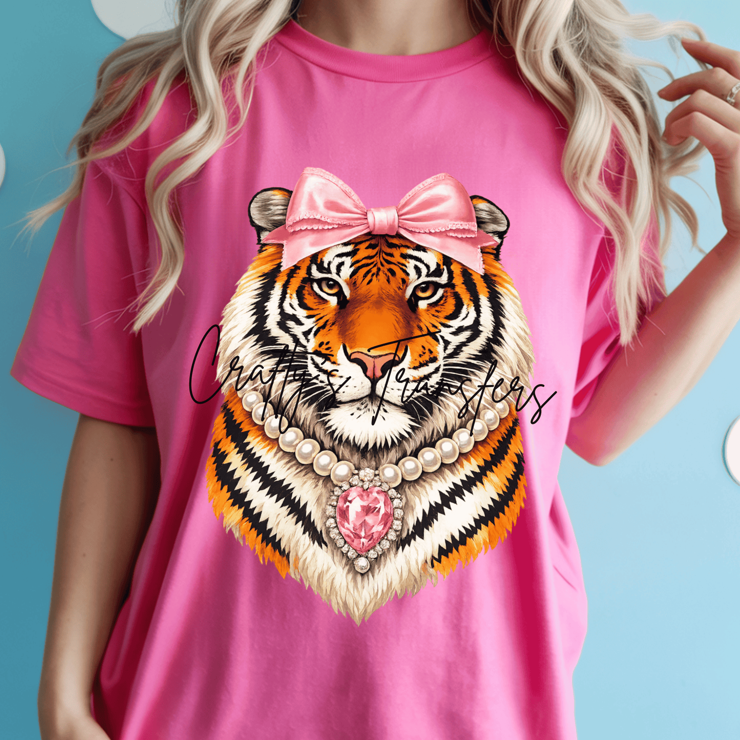 Pink Bow Tiger DTF Transfer | Coquette Tiger Graphic Tee Transfer | Preppy Animal Print Boutique Shirt Design