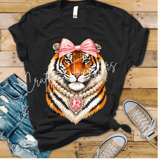 Pink Bow Tiger DTF Transfer | Coquette Tiger Graphic Tee Transfer | Preppy Animal Print Boutique Shirt Design