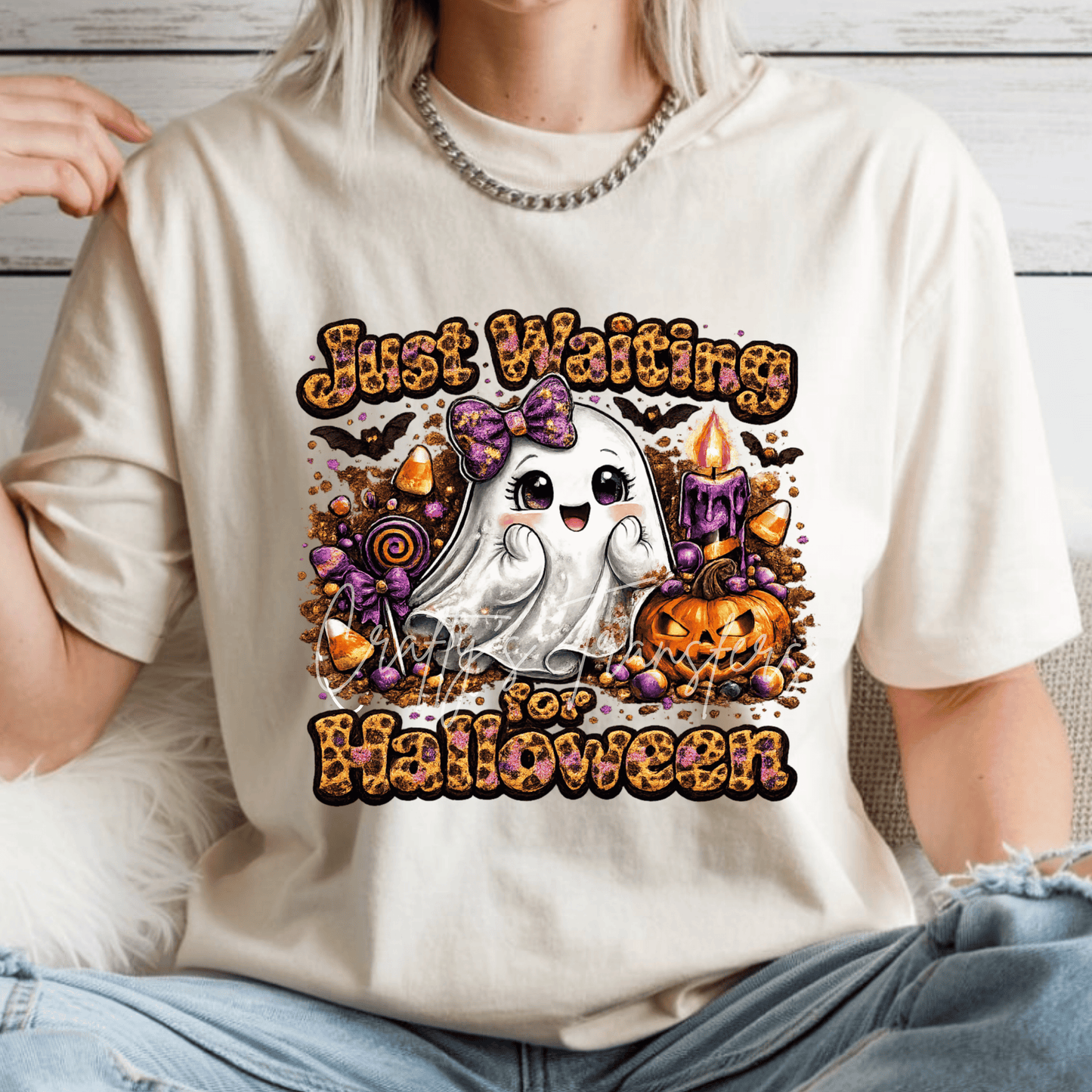 Just Waiting For Halloween | Cute Ghost | Leopard Print | Candy Halloween