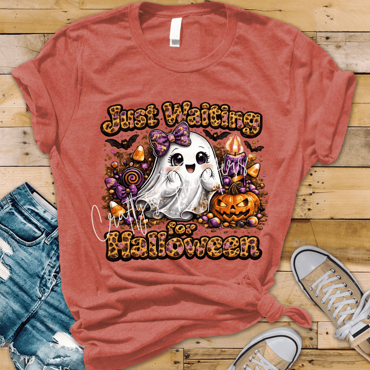 Just Waiting For Halloween | Cute Ghost | Leopard Print | Candy Halloween