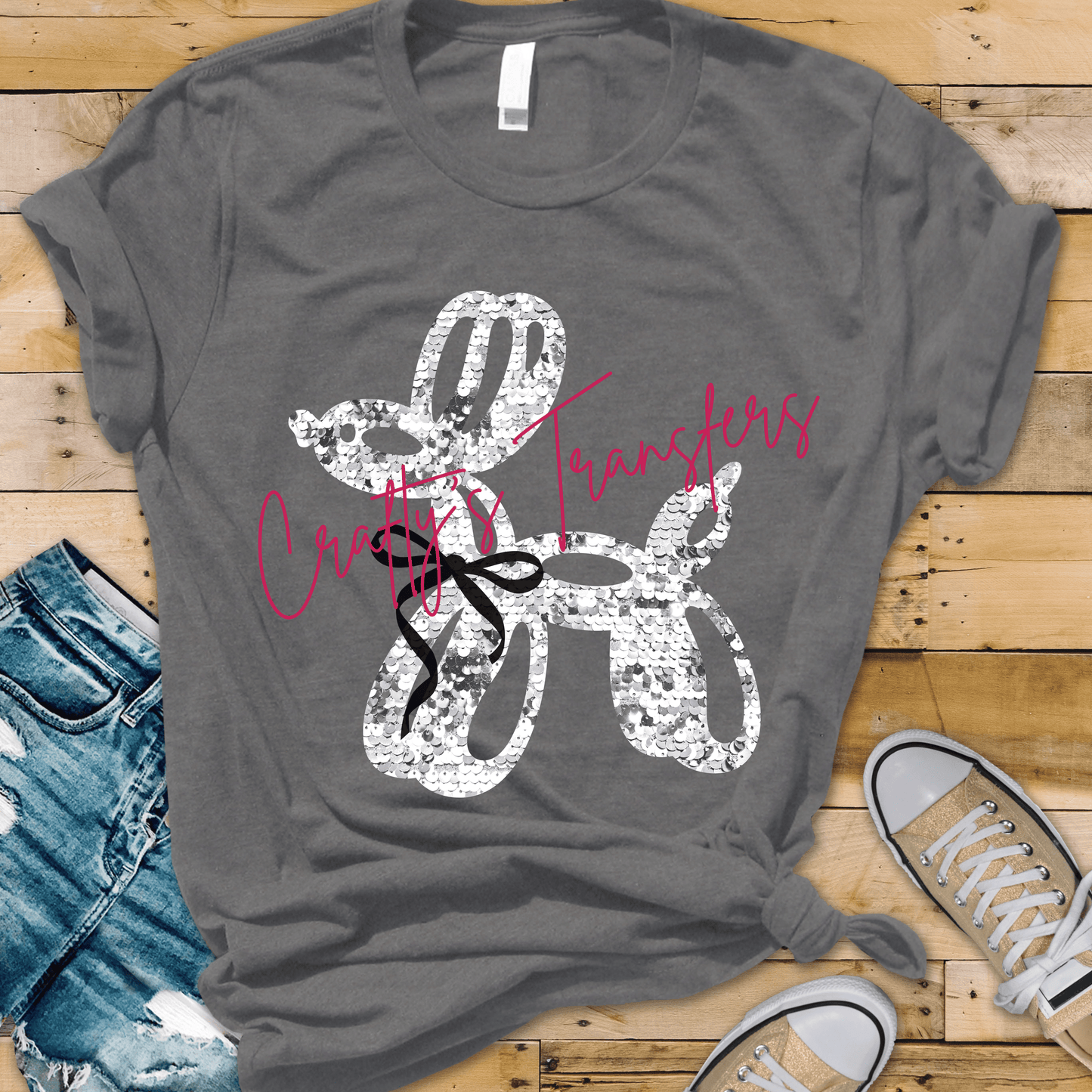 Silver Sequin Balloon Dog DTF Transfer | Glam Balloon Animal Heat Transfer | Sparkly Metallic Dog Graphic | Boutique Trendy Shirt Design