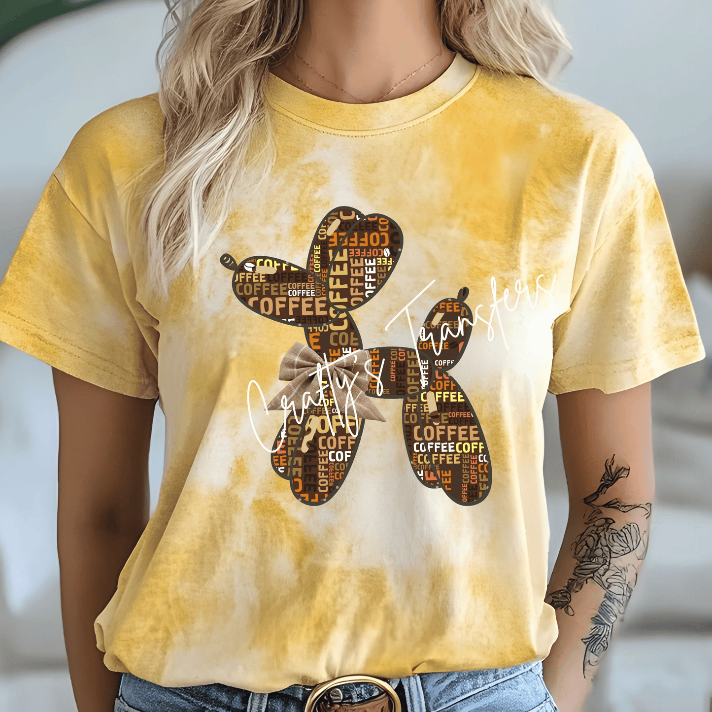 Coffee Balloon Dog DTF Transfer | Coffee Lover Balloon Animal Heat Transfer | Rustic Coffee Bow Shirt Design | Cute Boutique Café Graphic