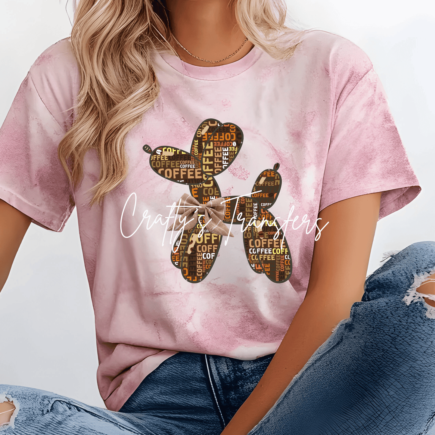 Coffee Balloon Dog DTF Transfer | Coffee Lover Balloon Animal Heat Transfer | Rustic Coffee Bow Shirt Design | Cute Boutique Café Graphic