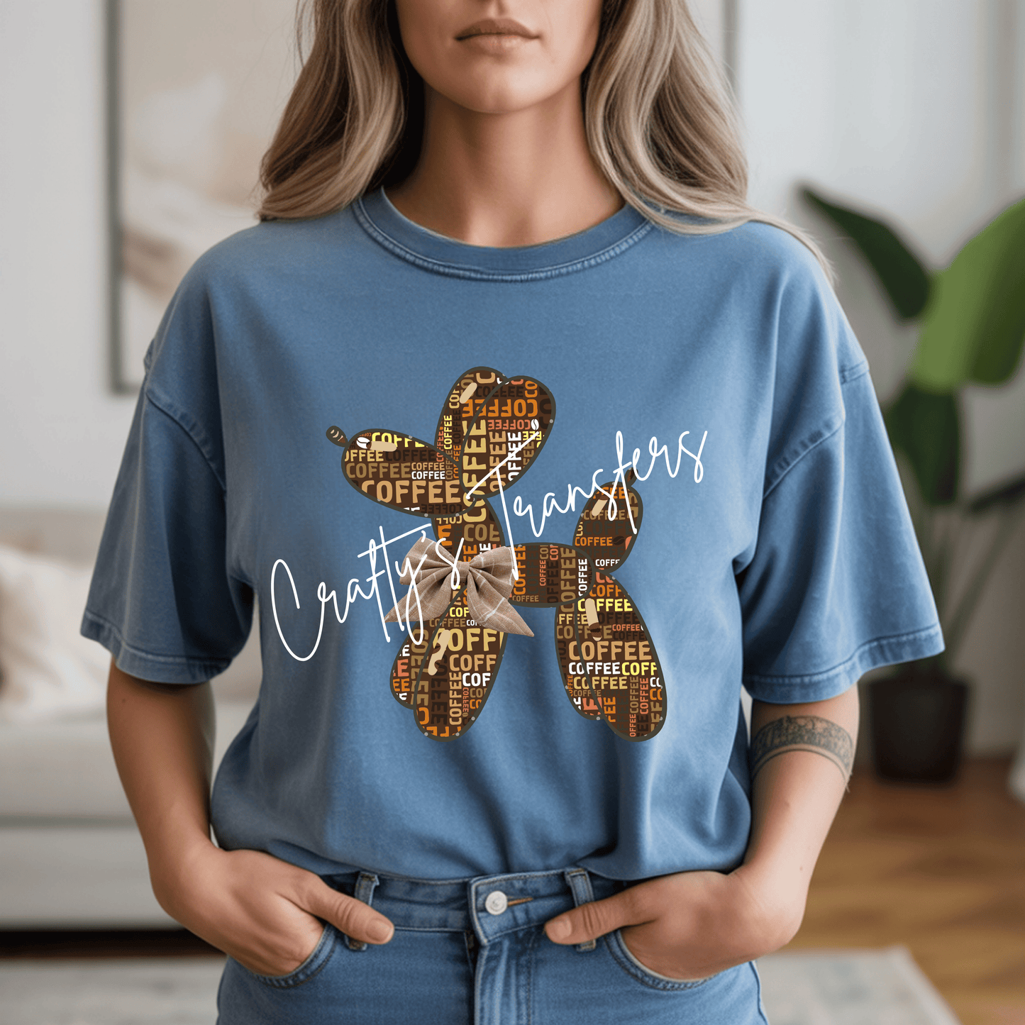 Coffee Balloon Dog DTF Transfer | Coffee Lover Balloon Animal Heat Transfer | Rustic Coffee Bow Shirt Design | Cute Boutique Café Graphic