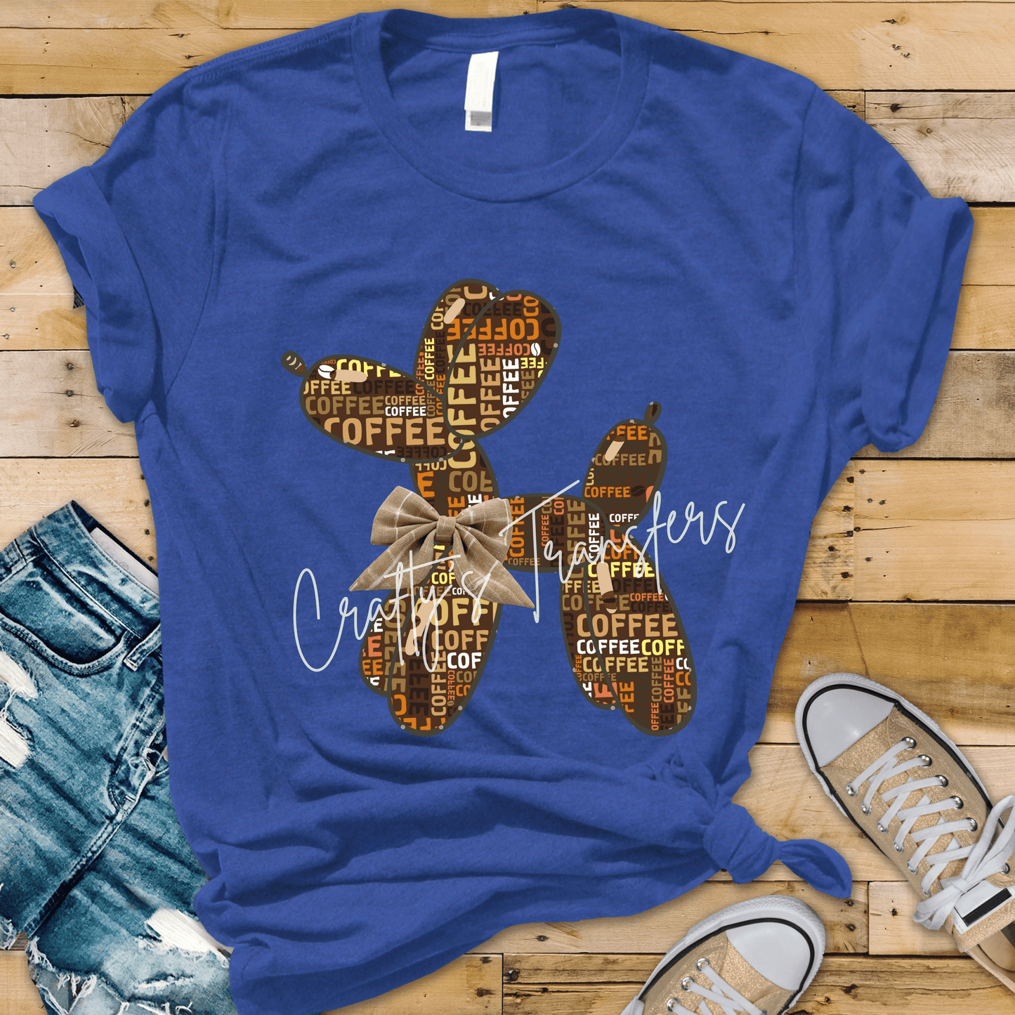 Coffee Balloon Dog DTF Transfer | Coffee Lover Balloon Animal Heat Transfer | Rustic Coffee Bow Shirt Design | Cute Boutique Café Graphic