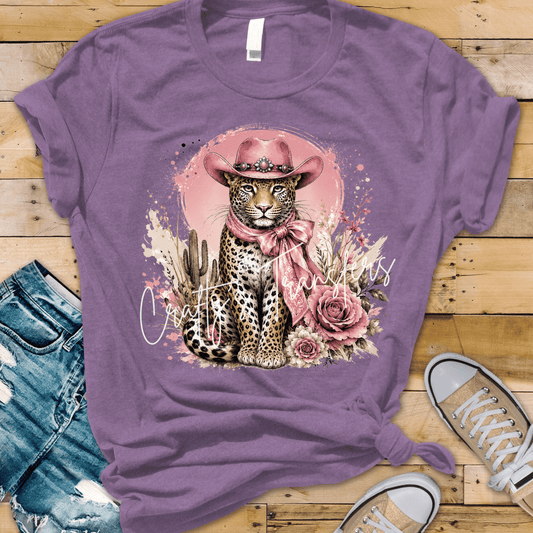 Pink Cowgirl Leopard DTF Transfer | Western Cheetah Cat Graphic Transfer | Coquette Cowgirl Shirt Transfer | Floral Desert Western Design