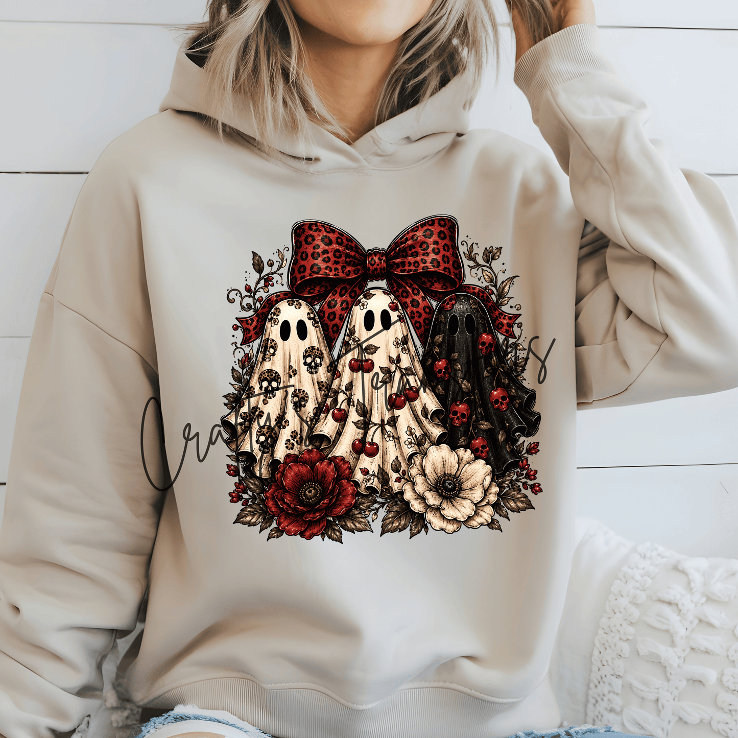 Coquette Ghost Trio DTF Transfer | Cherry & Skull Halloween Ghost Heat Transfer | Red Leopard Bow Spooky Shirt Design | Boutique Halloween Transfer