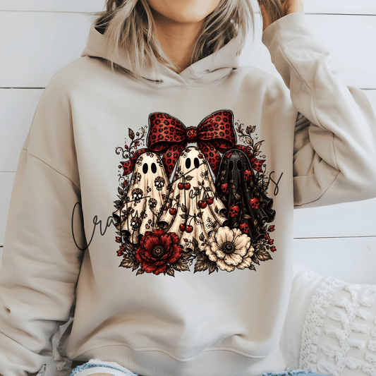 Coquette Ghost Trio DTF Transfer | Cherry & Skull Halloween Ghost Heat Transfer | Red Leopard Bow Spooky Shirt Design | Boutique Halloween Transfer