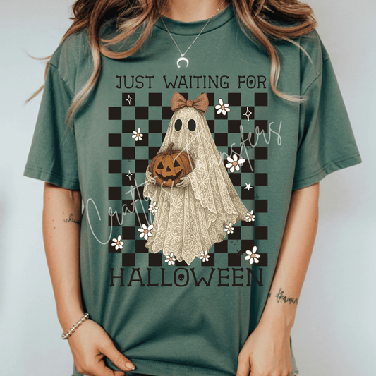Just Waiting for Halloween DTF Transfer | Coquette Ghost with Pumpkin Shirt Transfer | Cute Vintage Halloween Ghost | Boutique Fall Heat Transfer