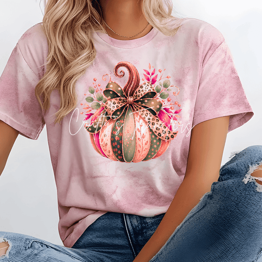 Coquette Fall Pumpkin DTF Transfer | Pink, Sage & Leopard Bow Pumpkin Graphic | Boutique Autumn Shirt Transfer | Thanksgiving DTF