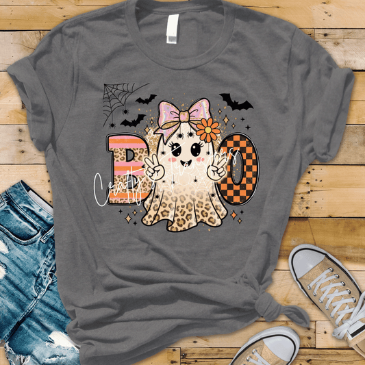 Boo Ghost DTF Transfer | Cute Leopard Ghost Halloween Shirt Transfer | Pink Bow Coquette Ghost Graphic | Spooky Season Boutique Heat Transfer
