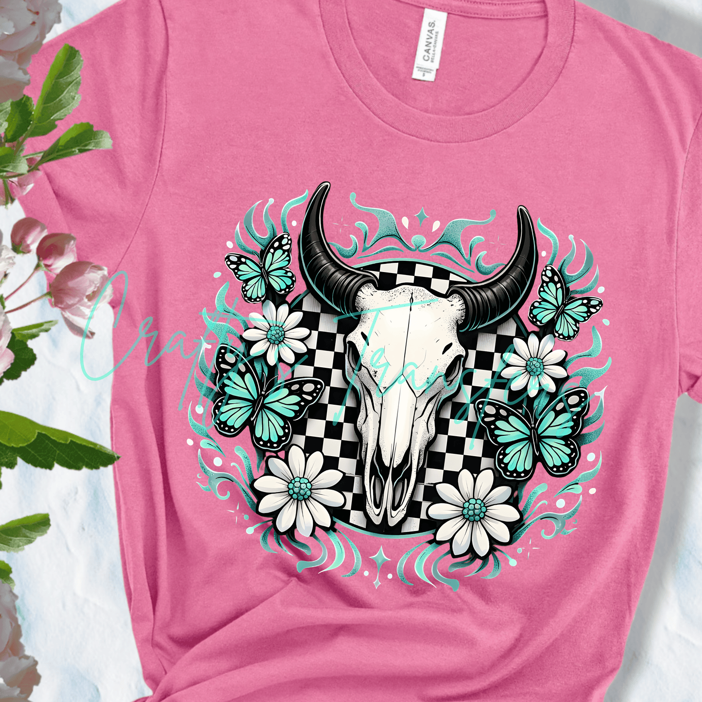 Western Skull DTF Transfer | Turquoise Butterfly Cow Skull Shirt Transfer | Checkerboard Floral Western Heat Transfer | Boutique Cowgirl Graphic