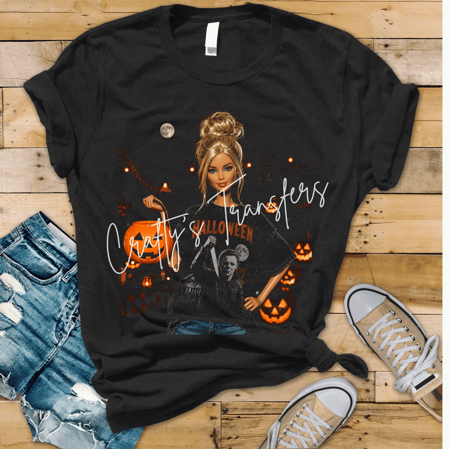 Halloween Fashion Doll DTF Transfer | Spooky Blonde Doll with Pumpkin Bucket Heat Transfer | Boutique Halloween Graphic | Trendy Fall Shirt Transfer