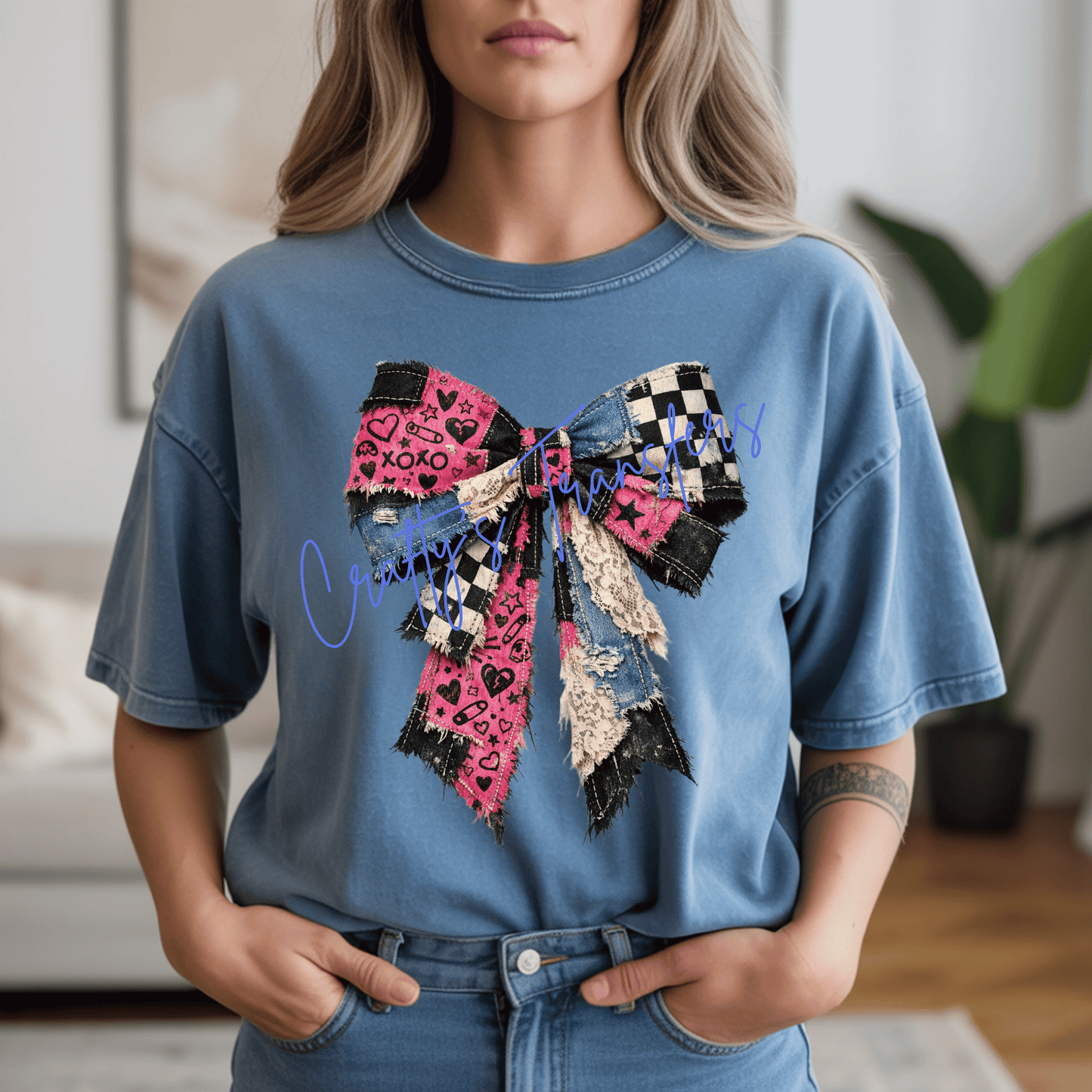 Pink Grunge Patchwork Bow DTF Transfer | Coquette Denim Checkerboard Lace Bow Heat Transfer | Western Boutique Girly Shirt Transfer