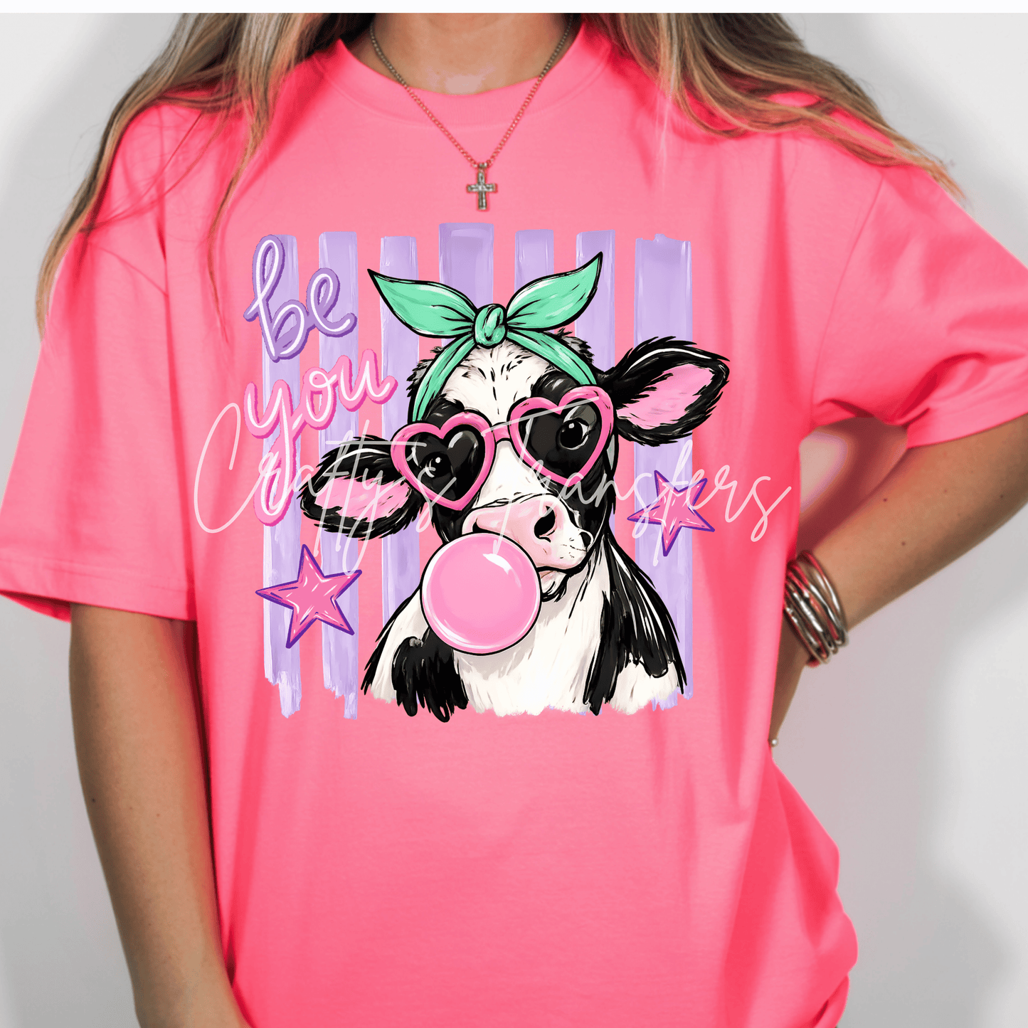 Be You Highland Cow DTF Transfer | Cute Cow with Bubble Gum, Heart Sunglasses & Mint Bow | Girly Boutique Western Heat Transfer