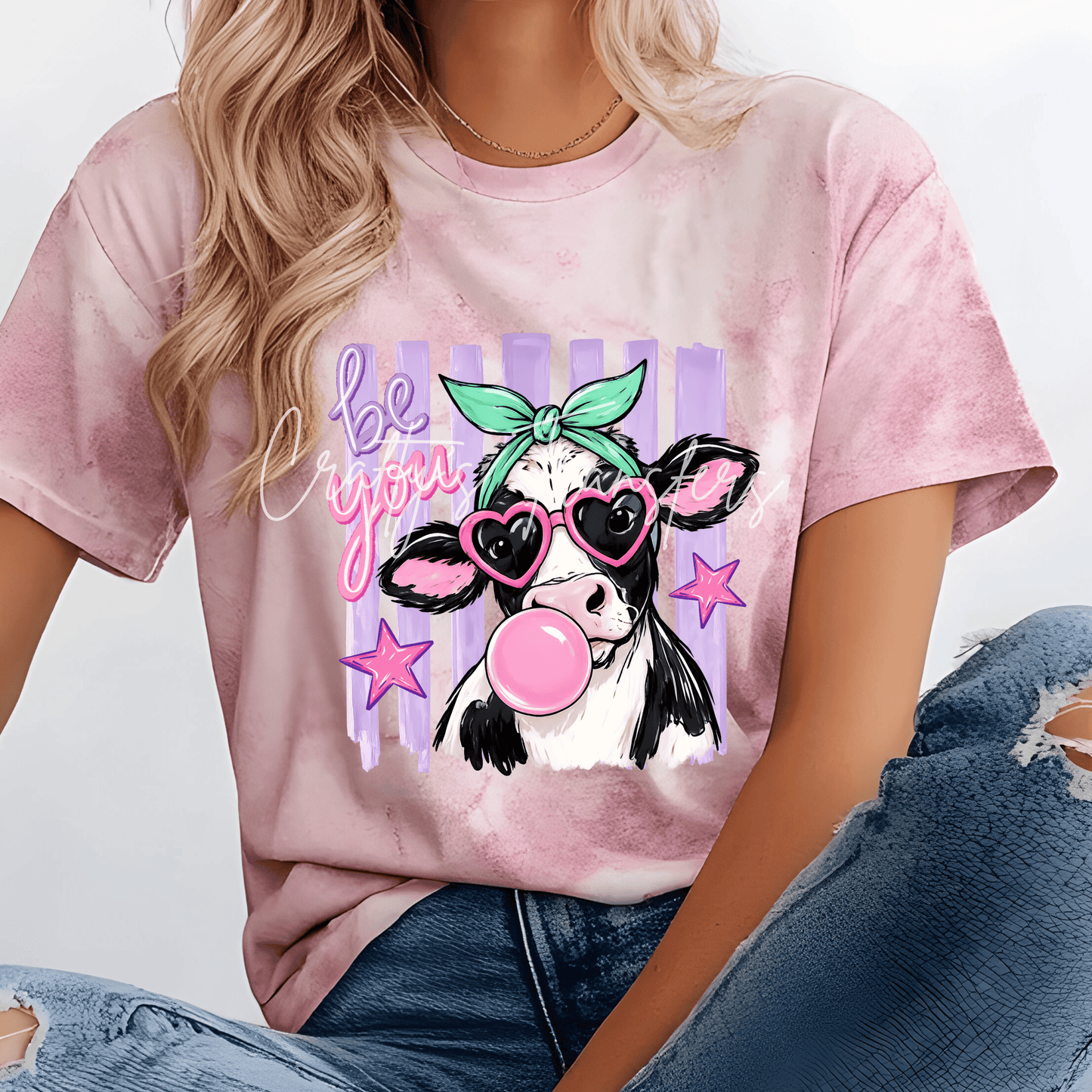 Be You Highland Cow DTF Transfer | Cute Cow with Bubble Gum, Heart Sunglasses & Mint Bow | Girly Boutique Western Heat Transfer