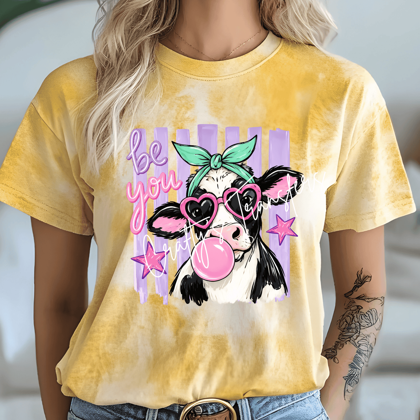 Be You Highland Cow DTF Transfer | Cute Cow with Bubble Gum, Heart Sunglasses & Mint Bow | Girly Boutique Western Heat Transfer