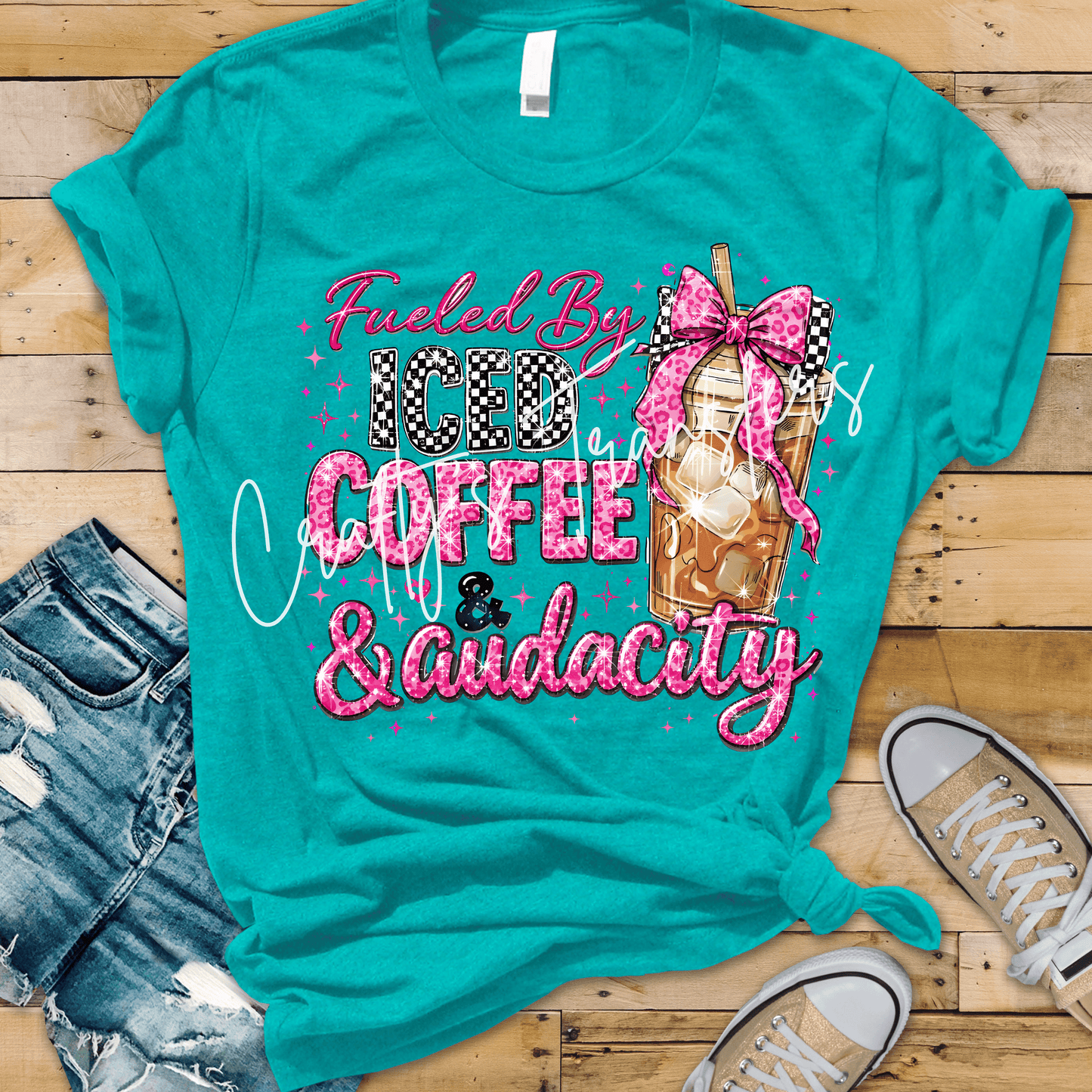 Fueled By Iced Coffee & Audacity DTF Transfer | Funny Iced Coffee Heat Transfer | Pink Coquette Coffee Lover Shirt | Boutique Graphic Tee