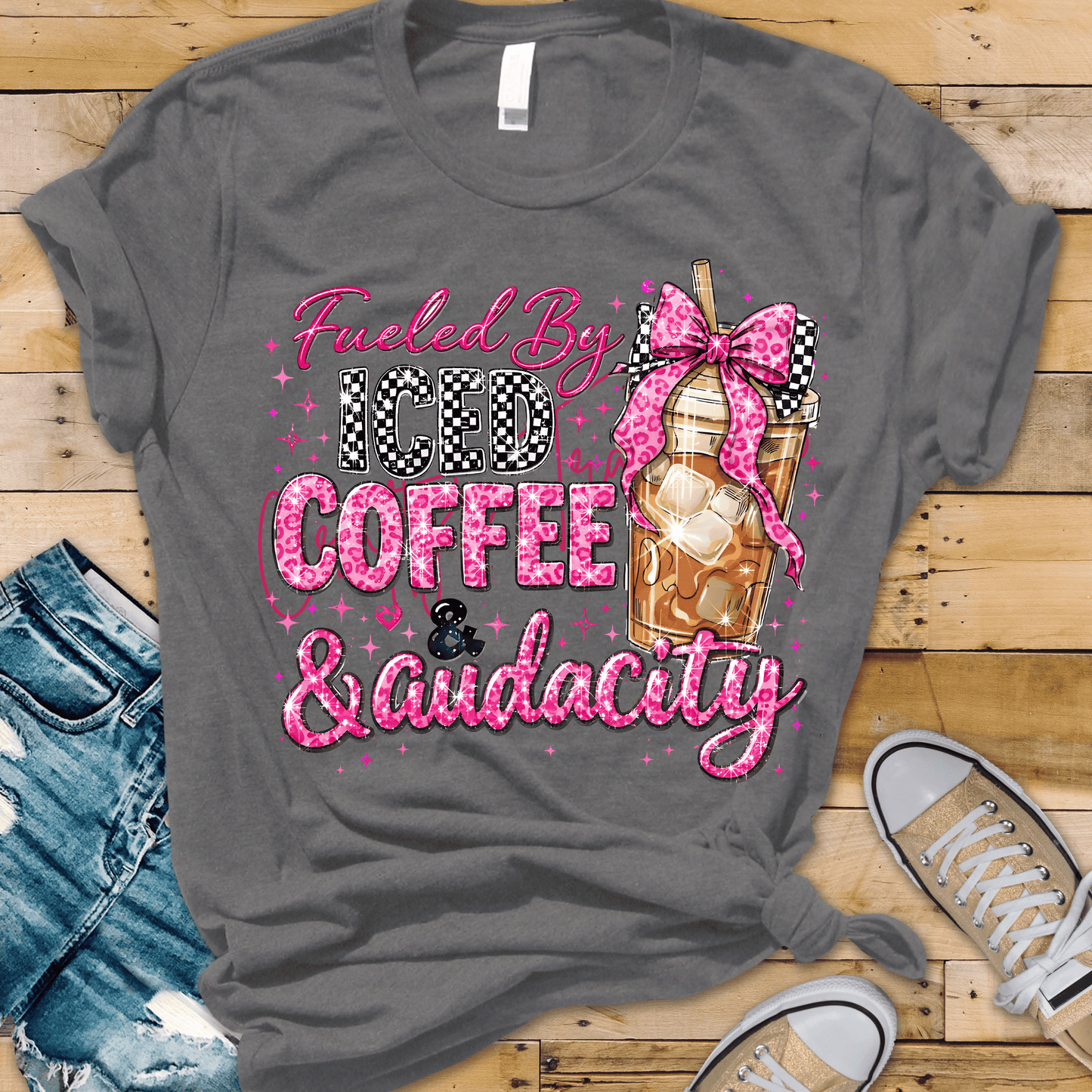 Fueled By Iced Coffee & Audacity DTF Transfer | Funny Iced Coffee Heat Transfer | Pink Coquette Coffee Lover Shirt | Boutique Graphic Tee