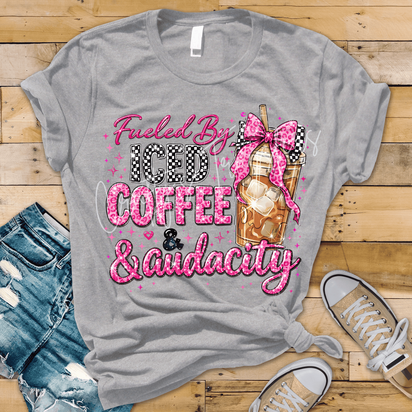 Fueled By Iced Coffee & Audacity DTF Transfer | Funny Iced Coffee Heat Transfer | Pink Coquette Coffee Lover Shirt | Boutique Graphic Tee