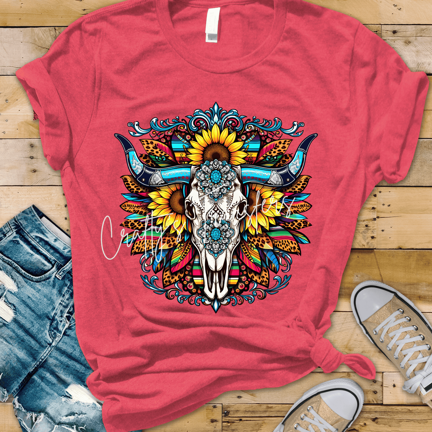 Western Steer Skull DTF Transfer | Colorful Serape Sunflower Cow Skull Heat Transfer | Turquoise Cowgirl Graphic | Boutique Western Shirt Transfer