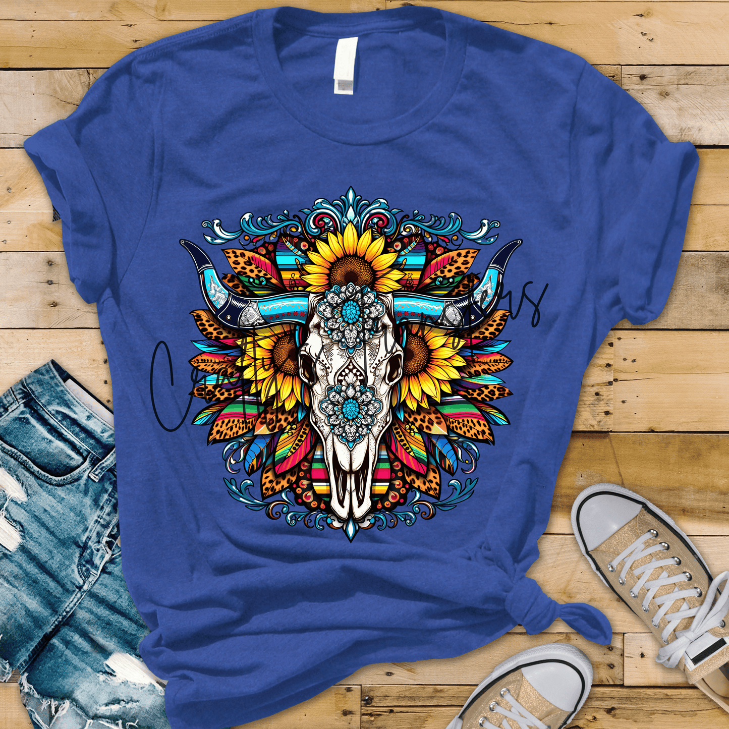 Western Steer Skull DTF Transfer | Colorful Serape Sunflower Cow Skull Heat Transfer | Turquoise Cowgirl Graphic | Boutique Western Shirt Transfer