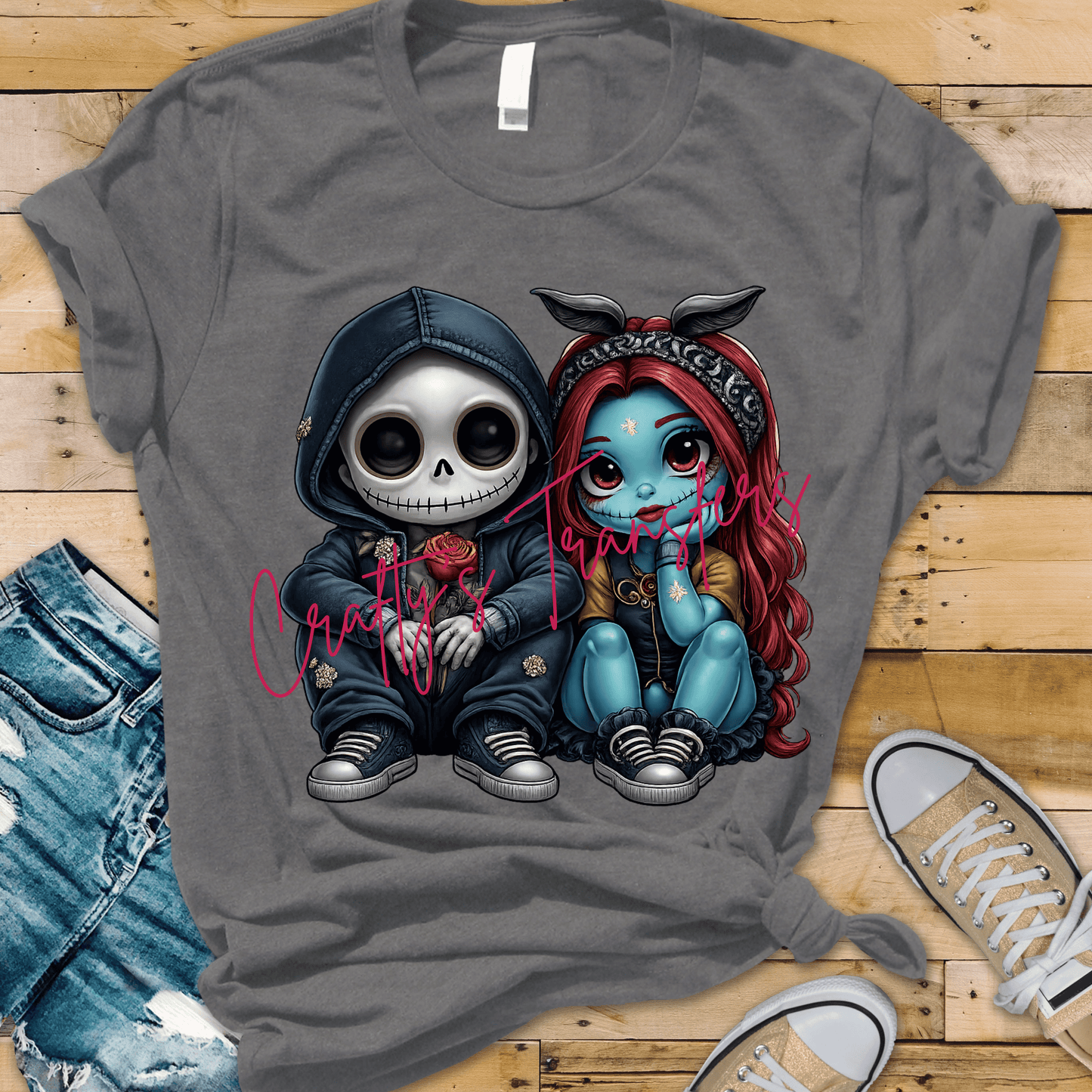 Cute Gothic Skeleton Couple Heat Transfer | Spooky Romance Halloween DTF Transfer | Gothic Valentine Shirt Design