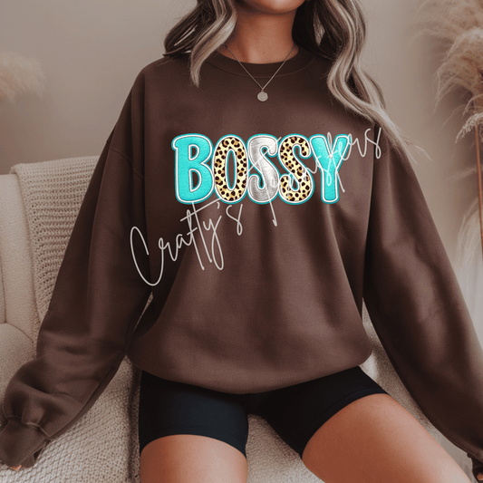 Bossy Turquoise Leopard DTF Transfer | Boutique Western Faux Leather Lettering Heat Transfer | Trendy Cowgirl Graphic | Western Boutique Shirt Transfer