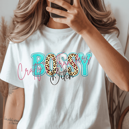 Bossy Bitch Turquoise Leopard DTF Transfer | Funny Western Boutique Heat Transfer | Faux Leather & Silver Graphic | Trendy Cowgirl Shirt Transfer