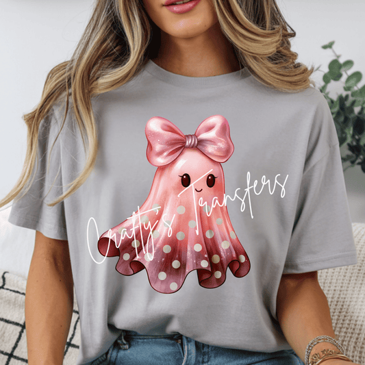 Cute Pink Ghost Girl DTF Transfer | Coquette Halloween Ghost with Bow Heat Transfer | Kawaii Spooky Season Shirt Transfer