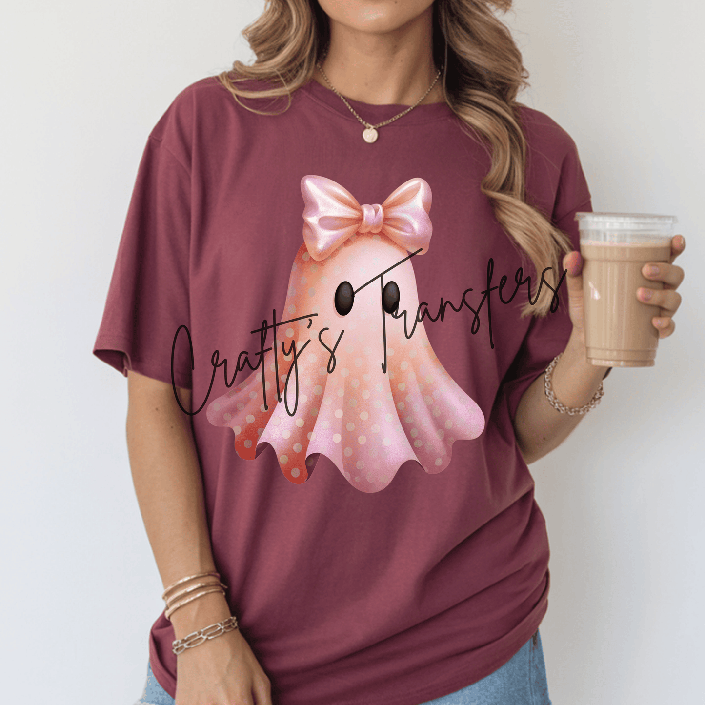 Cute Pink Ghost with Bow DTF Transfer | Coquette Halloween Ghost Heat Transfer | Kawaii Spooky Season Shirt Transfer