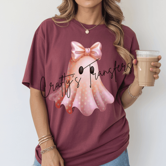 Cute Pink Ghost with Bow DTF Transfer | Coquette Halloween Ghost Heat Transfer | Kawaii Spooky Season Shirt Transfer
