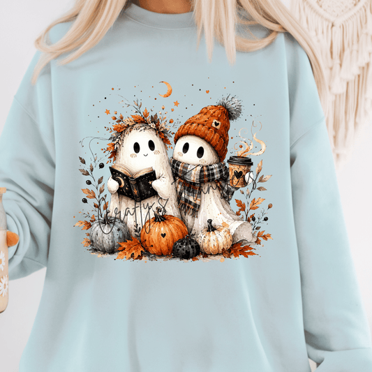 Cozy Fall Ghost Friends DTF Transfer | Cute Autumn Ghost Halloween Heat Transfer | Pumpkin Coffee Book Spooky Season Shirt