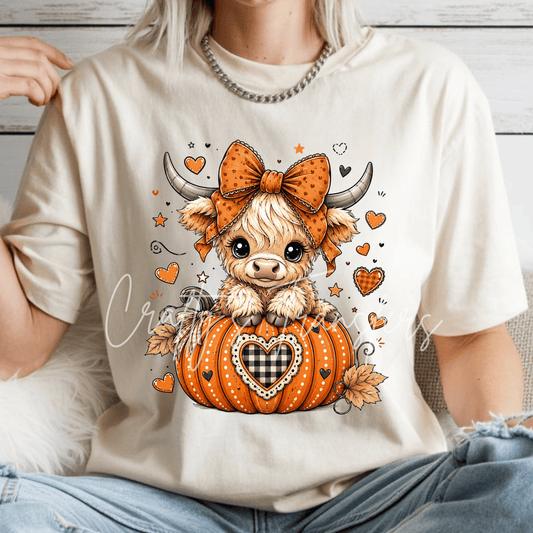 Cute Highland Cow on Pumpkin DTF Transfer | Fall Highland Cow Heat Transfer | Autumn Pumpkin Cow Shirt Transfer