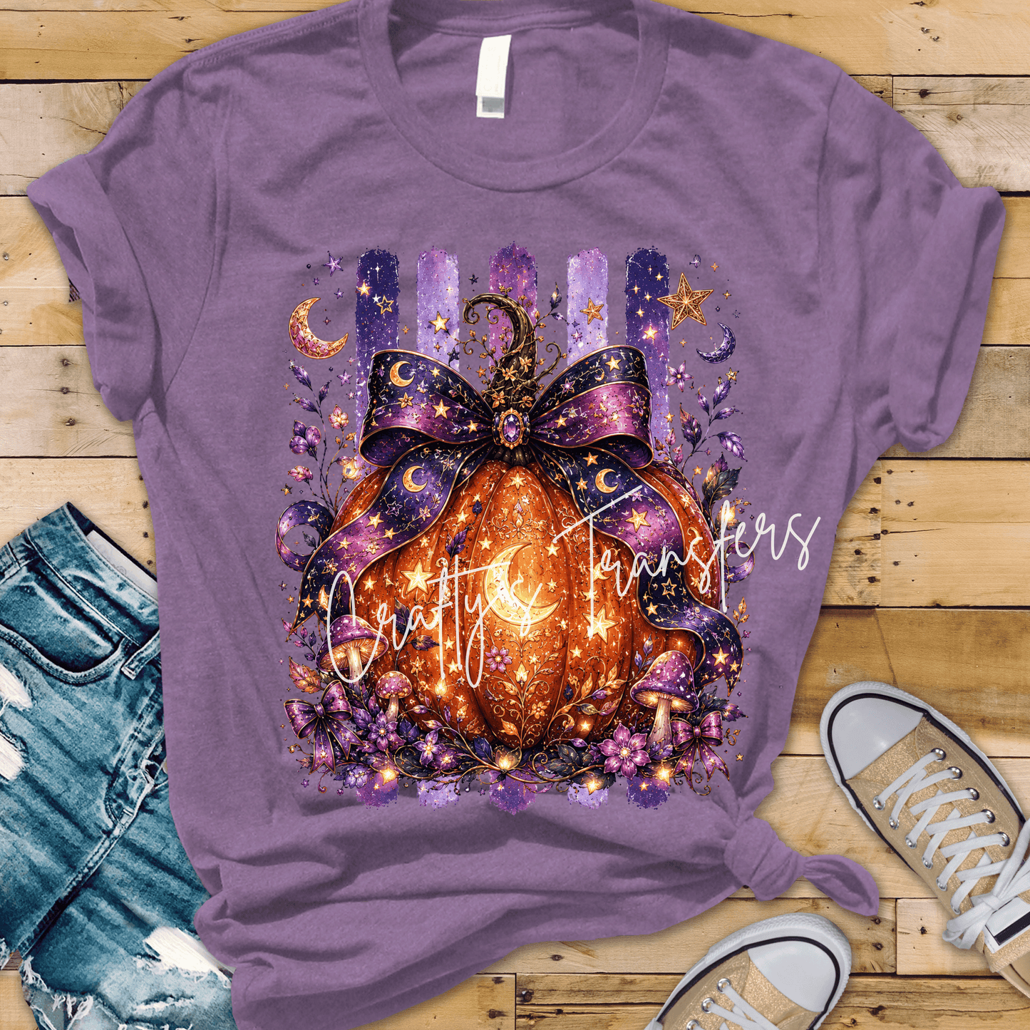 Celestial Pumpkin DTF Transfer | Purple Bow Halloween Heat Transfer | Moon & Stars Fall Pumpkin Transfer | Witchy Boho Autumn Shirt Design