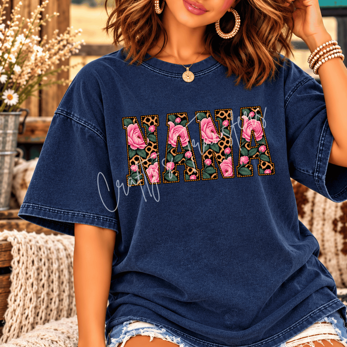 Pink Rose & Leopard Print Grandma Graphic with Vintage Floral Block Letters Mama Mimi Nana