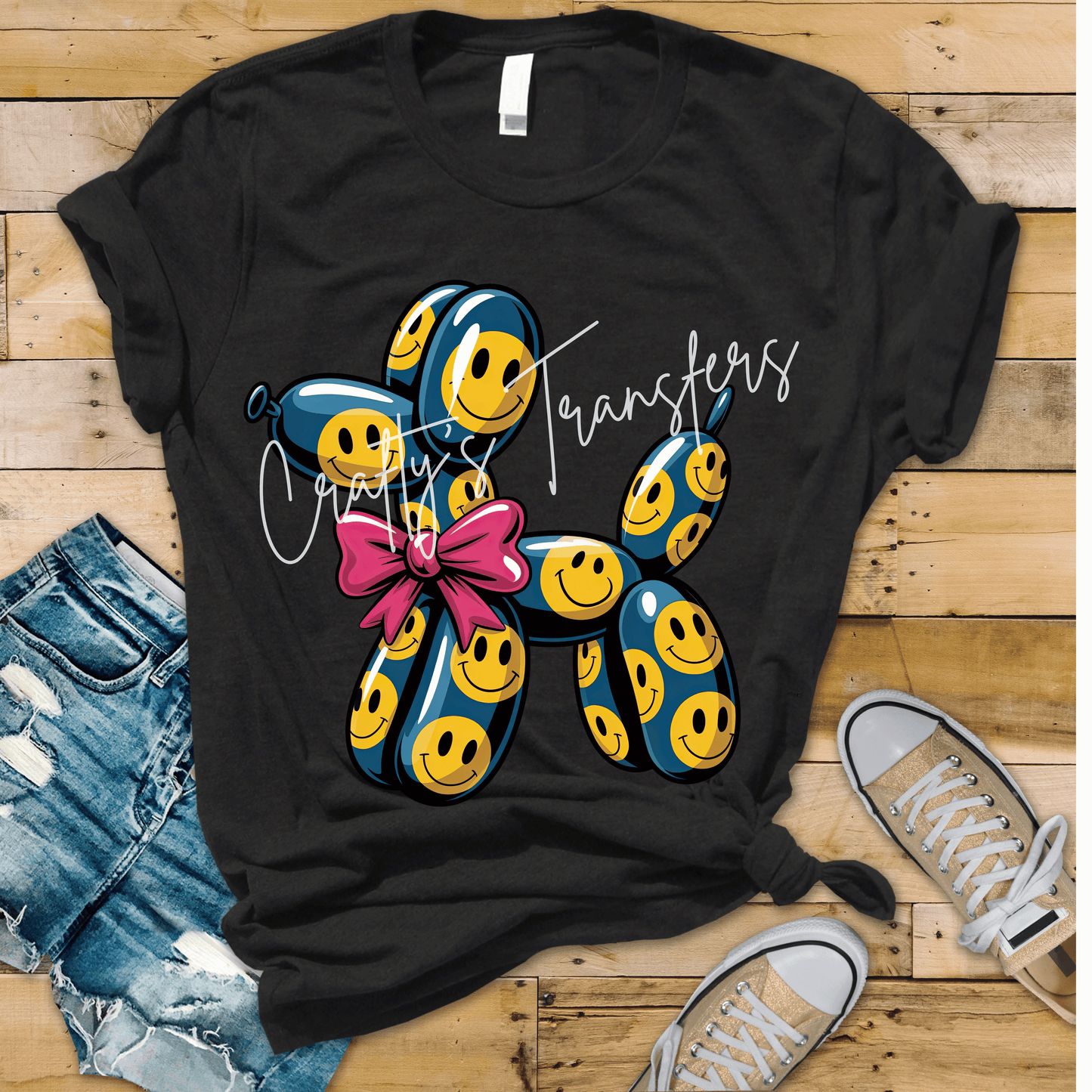 Smiley Face Balloon Dog DTF Transfer | Cute Coquette Dog Shirt Transfer | Pink Bow Graphic Heat Transfer | Ready to Press