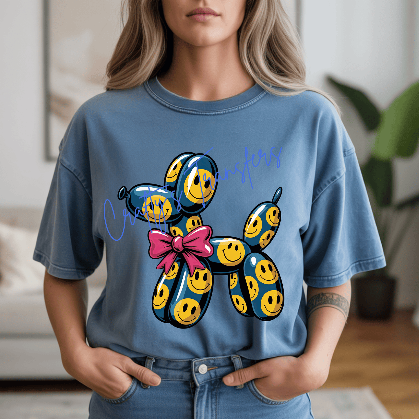 Smiley Face Balloon Dog DTF Transfer | Cute Coquette Dog Shirt Transfer | Pink Bow Graphic Heat Transfer | Ready to Press