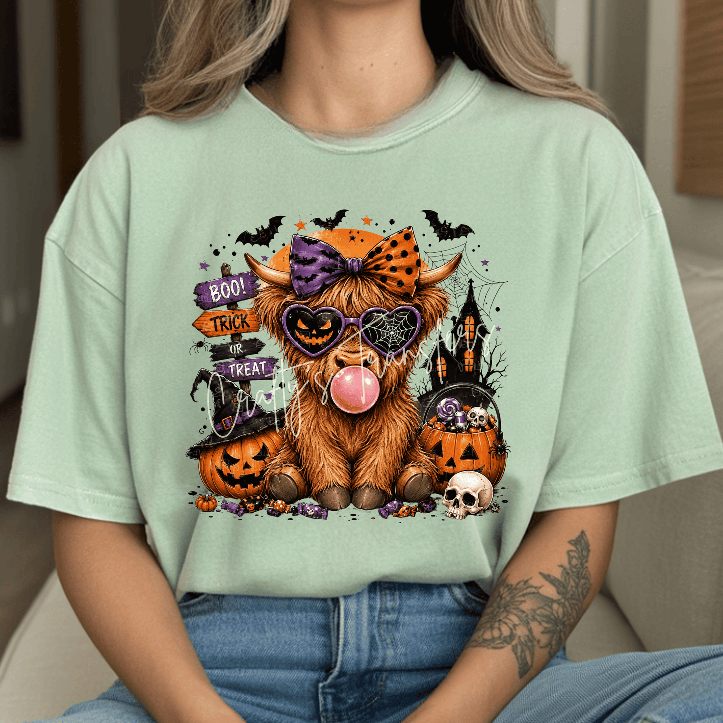 Halloween Highland Cow DTF Transfer | Cute Spooky Cow with Pumpkins & Bows | Trick or Treat Western Heat Transfer | Ready to Press
