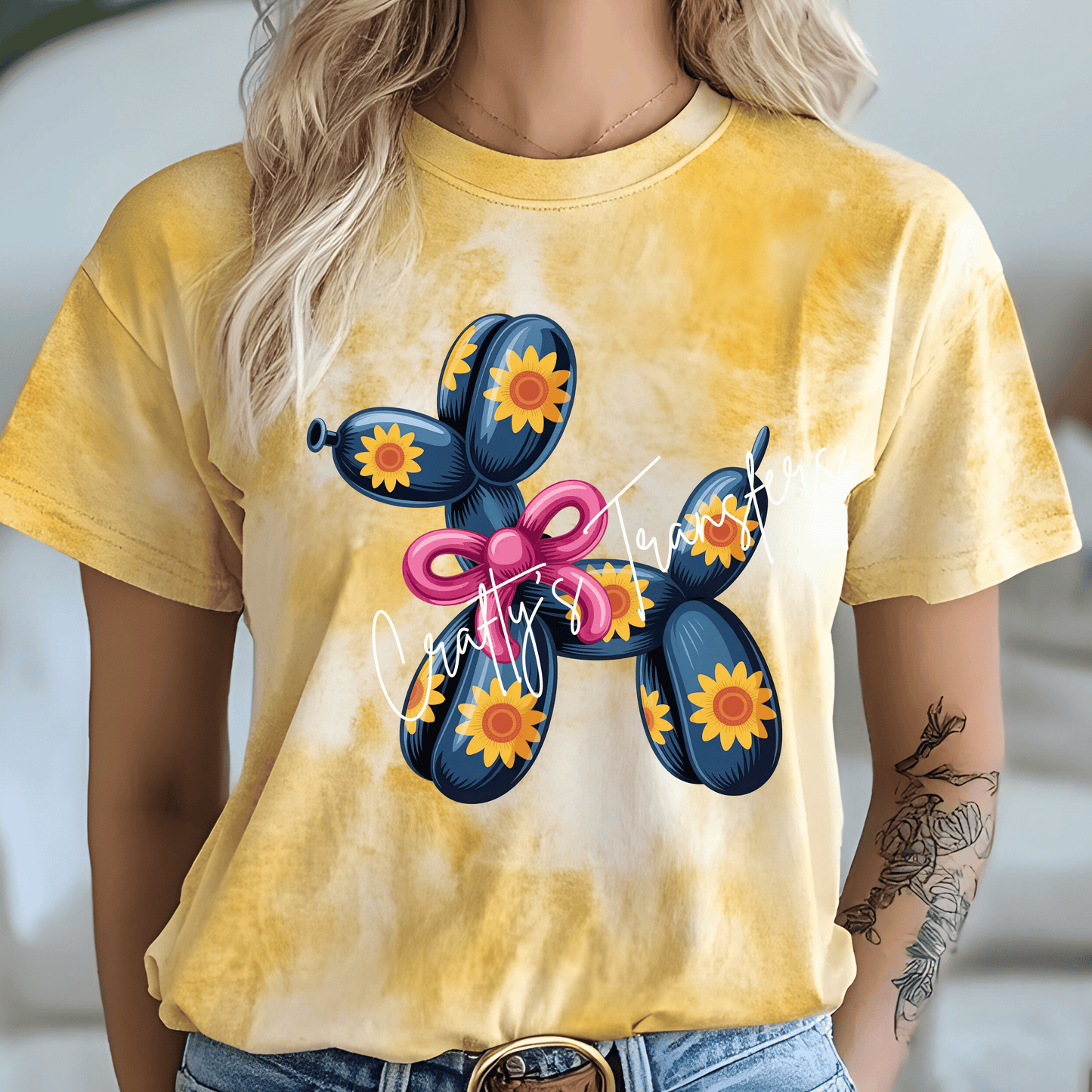 Sunflower Balloon Dog DTF Transfer | Cute Floral Balloon Animal with Pink Bow | Trendy Boutique Heat Transfer | Ready to Press