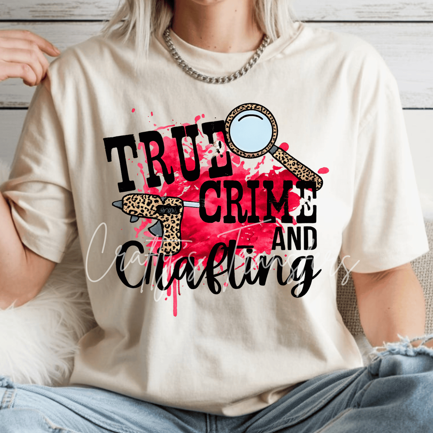 True Crime and Crafting DTF Transfer | Leopard Craft Tools Heat Transfer | Crafter Humor Graphic | Ready to Press Transfer